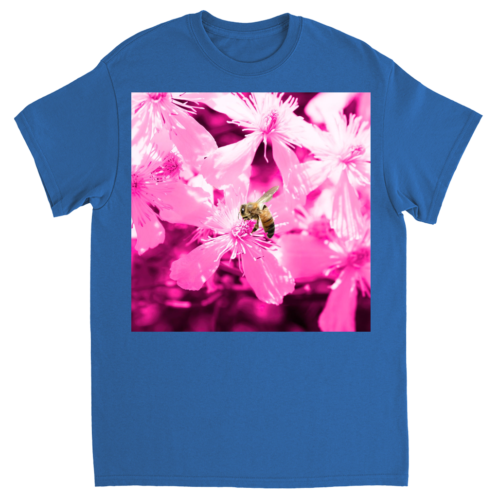 Bee with Glowing Pink Flowers Unisex Adult T-Shirt Royal Shirts & Tops apparel