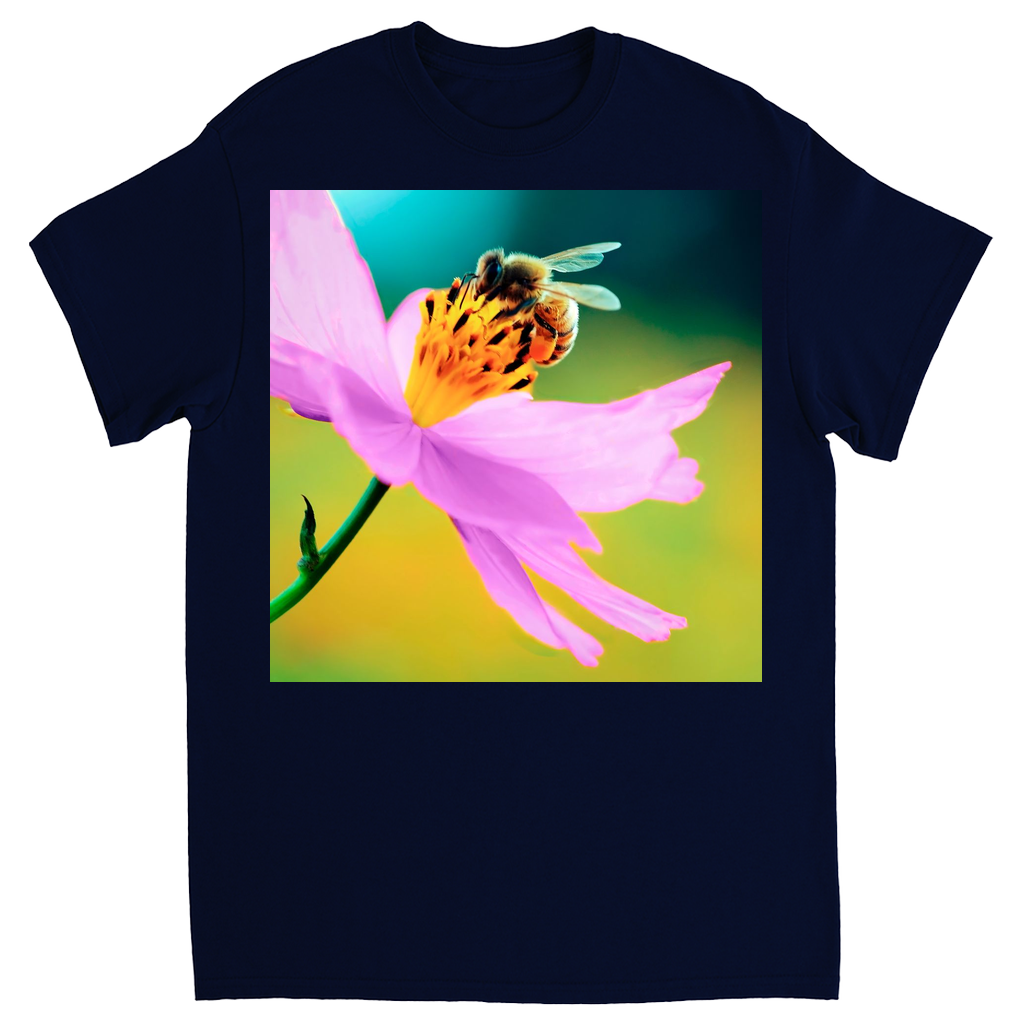 Bee on Delicate Purple Flower Unisex Adult T-Shirt Navy Blue Shirts & Tops apparel