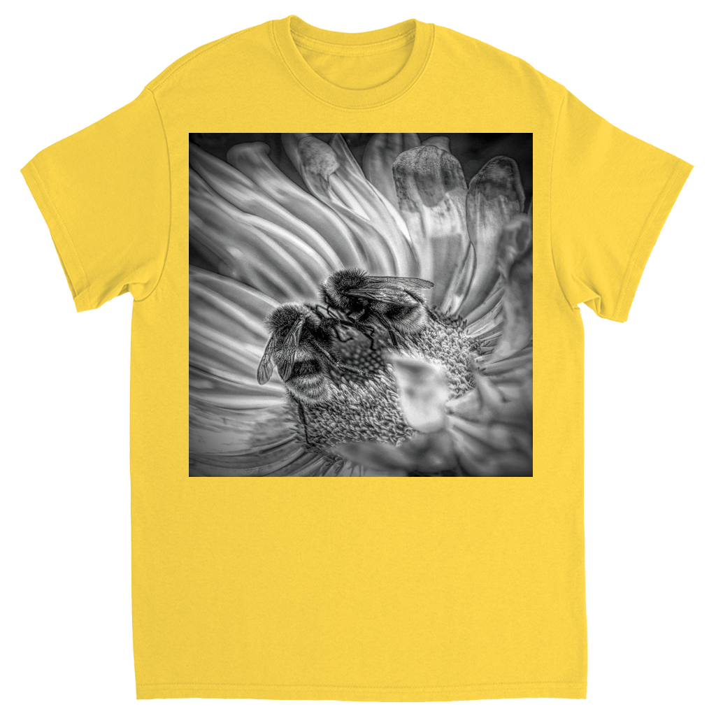Black and White Bees on Flower Unisex Adult T-Shirt Daisy Shirts & Tops apparel