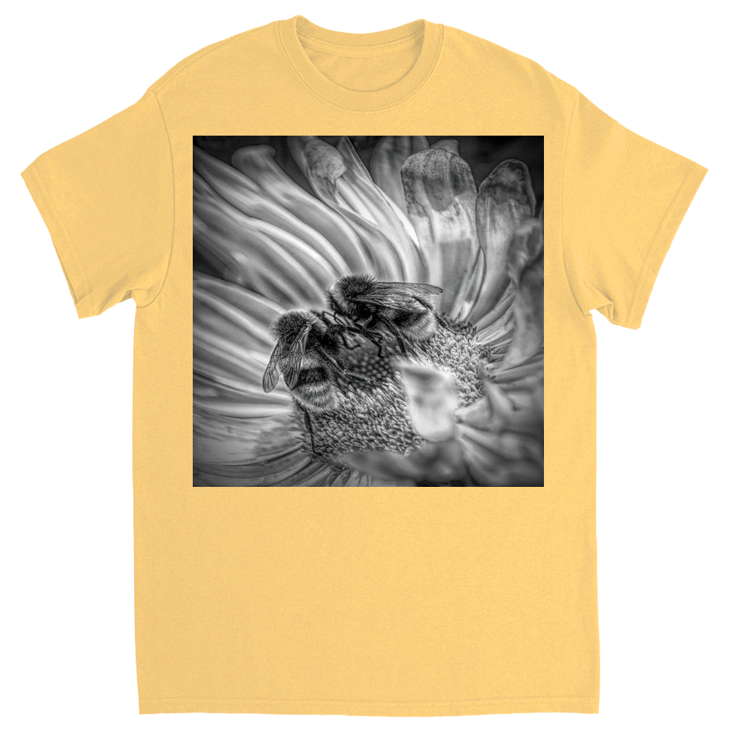Black and White Bees on Flower Unisex Adult T-Shirt Yellow Haze Shirts & Tops apparel