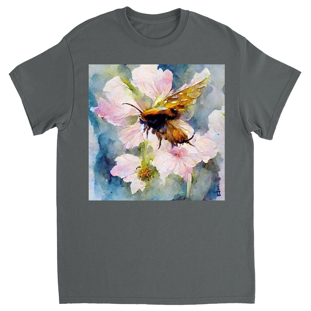 Watercolor Bee Landing on Flower Bee Unisex Adult T-Shirt Charcoal Shirts & Tops apparel Watercolor Bee Landing on Flower