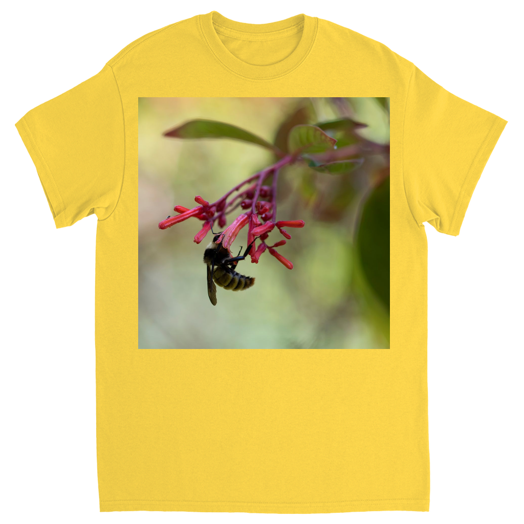 Bee Hanging on Red Flowers Unisex Adult T-Shirt Daisy Shirts & Tops apparel Bee Hanging on Red Flowers