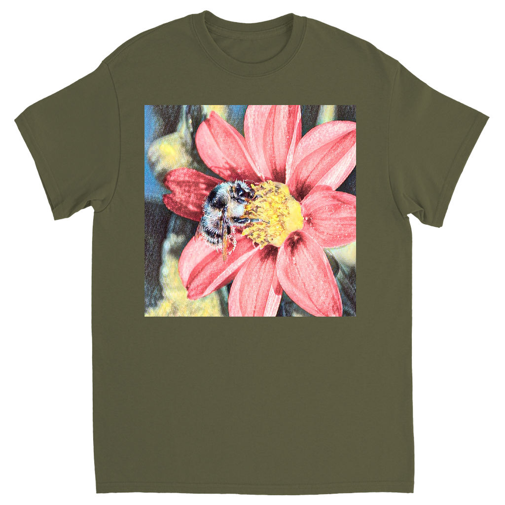 Painted Red Flower Bee Unisex Adult T-Shirt Military Green Shirts & Tops apparel