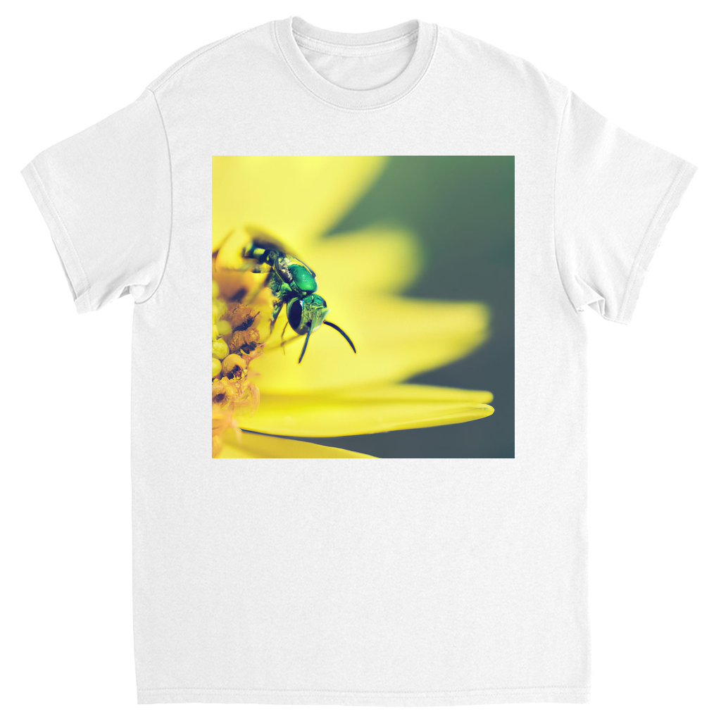 Green Bee Yellow Flower Unisex Adult T-Shirt White Shirts & Tops apparel Green Bee Yellow Flower