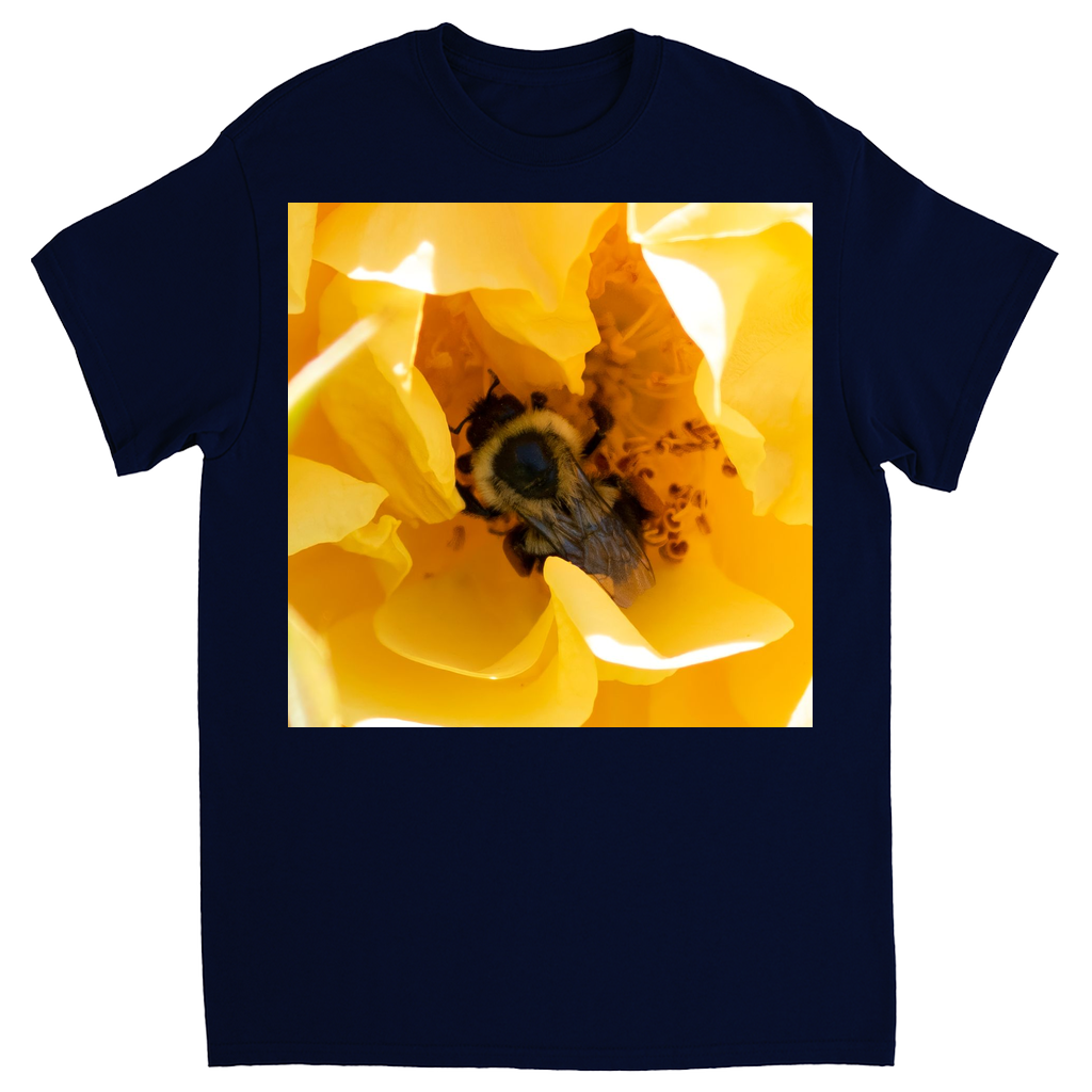 Bee in a Yellow Rose Unisex Adult T-Shirt Navy Blue Shirts & Tops apparel