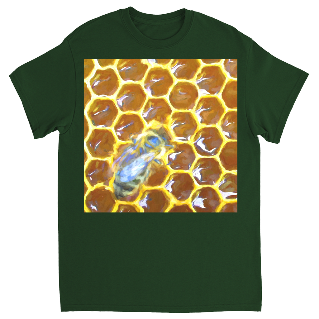 Bee on Honeycomb Unisex Adult T-Shirt Forest Green Shirts & Tops apparel