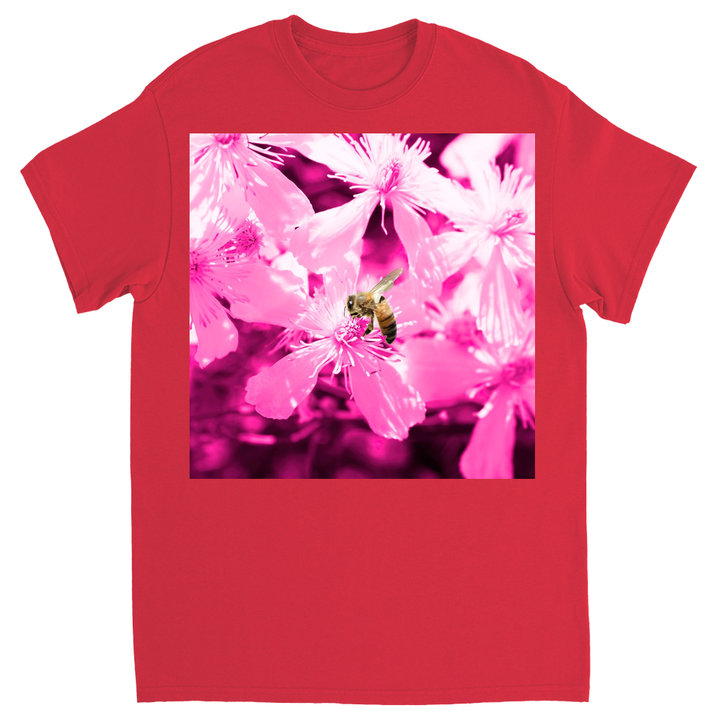 Bee with Glowing Pink Flowers Unisex Adult T-Shirt Red Shirts & Tops apparel