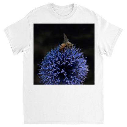 Bee on a Purple Ball Flower Unisex Adult T-Shirt White Shirts & Tops apparel