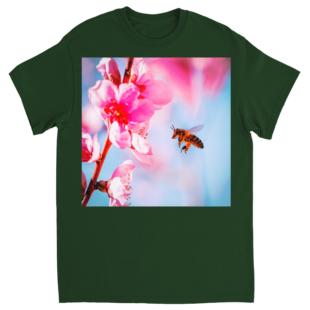 Bee with Hot Pink Flower Unisex Adult T-Shirt Forest Green Shirts & Tops apparel art