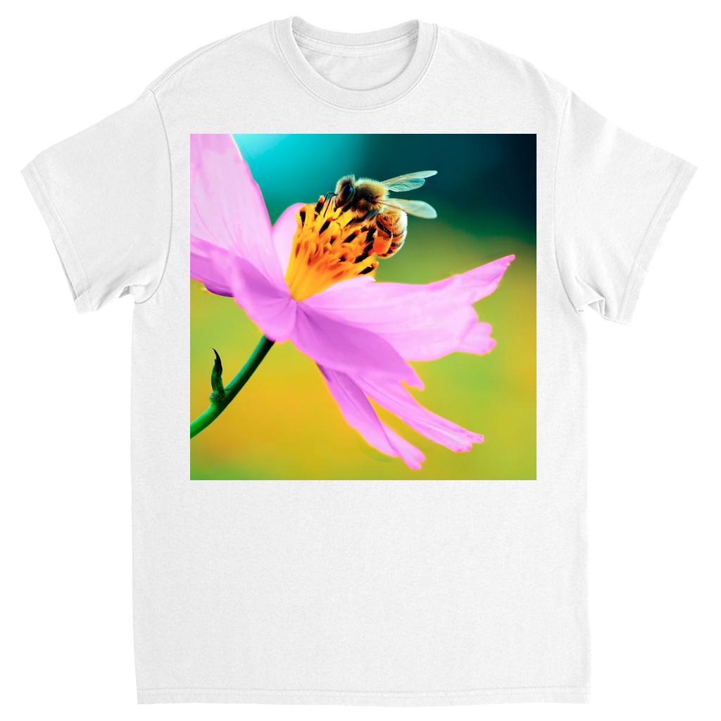 Bee on Delicate Purple Flower Unisex Adult T-Shirt White Shirts & Tops apparel