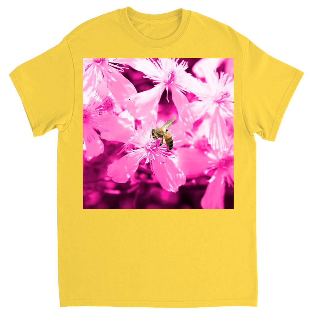 Bee with Glowing Pink Flowers Unisex Adult T-Shirt Daisy Shirts & Tops apparel