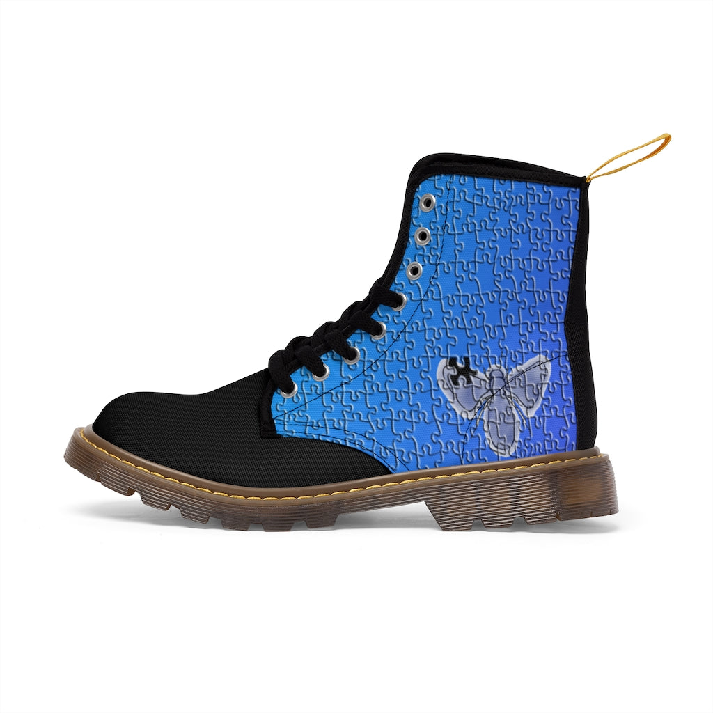 Blue Bee Puzzle Men's Canvas Boots Shoes Bee boots Blue boots combat boots Mens boots mens fashion boots mens shoes Puzzle boots Shoes unique mens boots vegan boots vegan combat boots