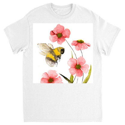 Classic Watercolor Bee with Pink Flowers Unisex Adult T-Shirt White Shirts & Tops apparel