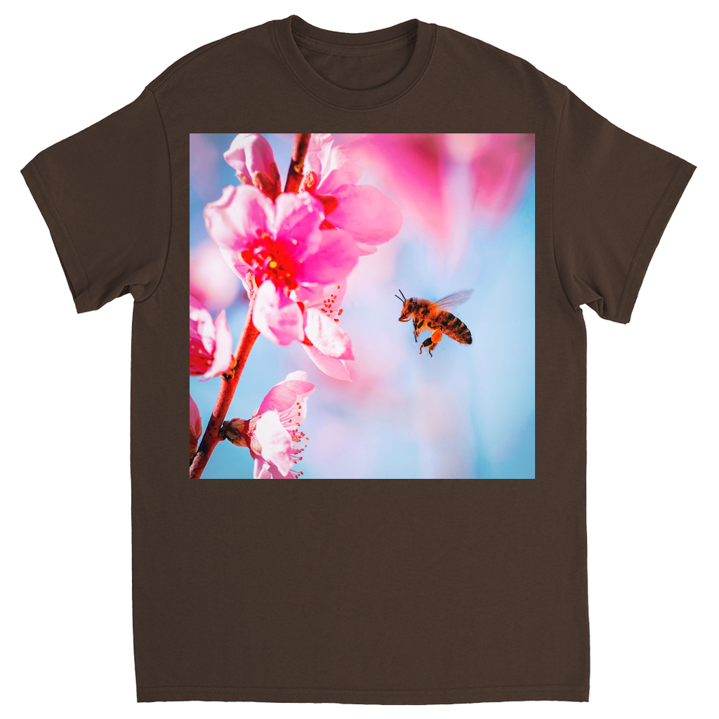Bee with Hot Pink Flower Unisex Adult T-Shirt Dark Chocolate Shirts & Tops apparel art
