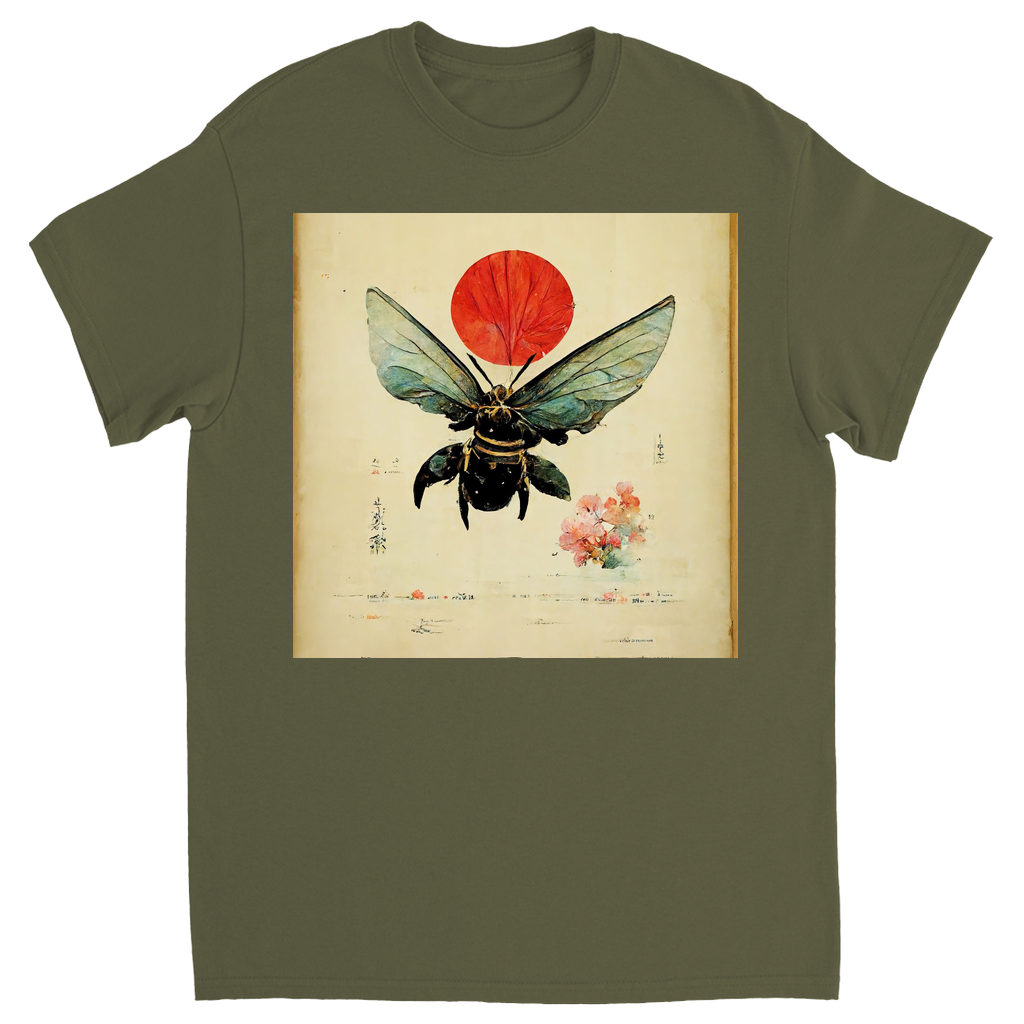 Vintage Japanese Bee with Sun Unisex Adult T-Shirt Military Green Shirts & Tops apparel Vintage Japanese Bee with Sun