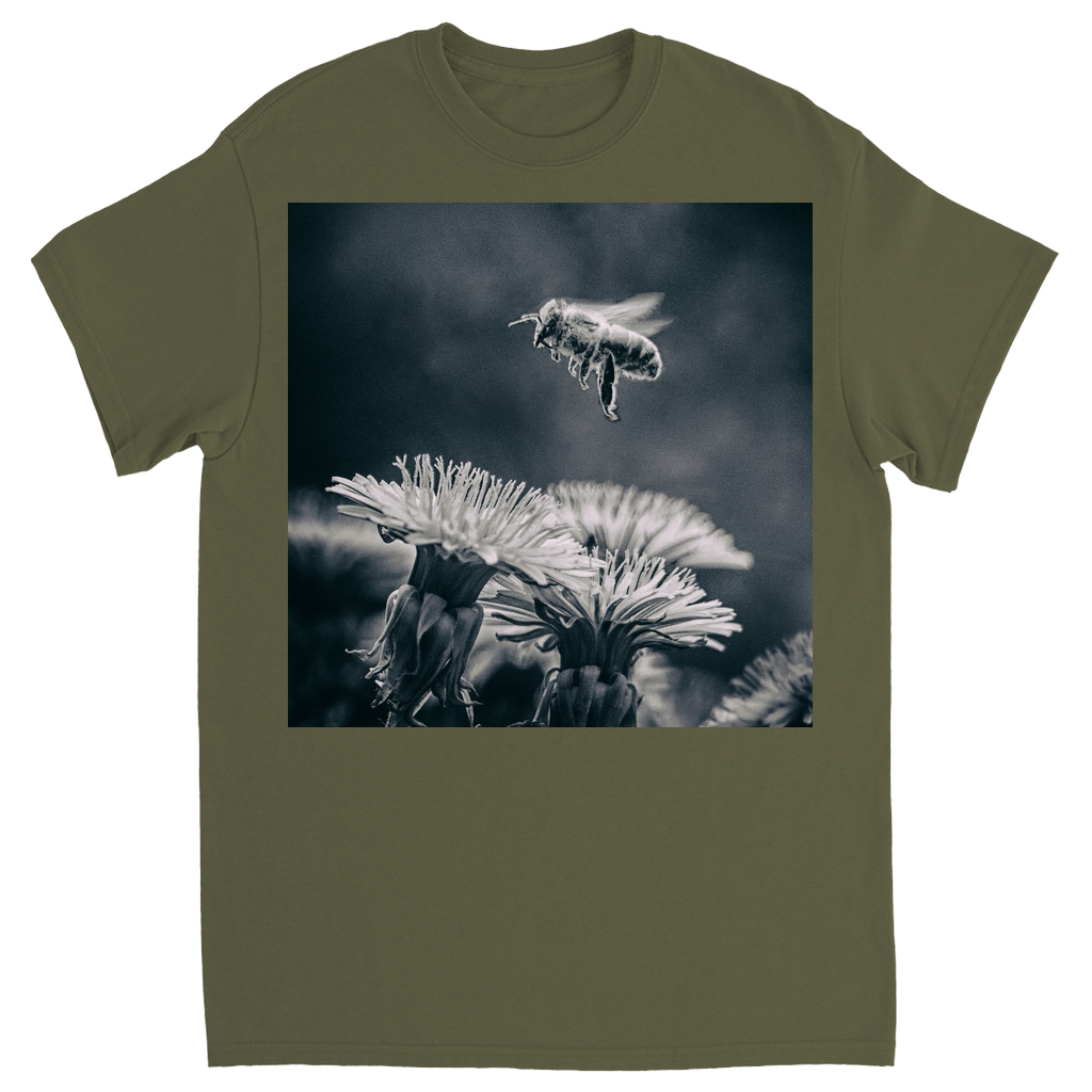 B&W Bee Hovering Over Flower Military Green Shirts & Tops apparel