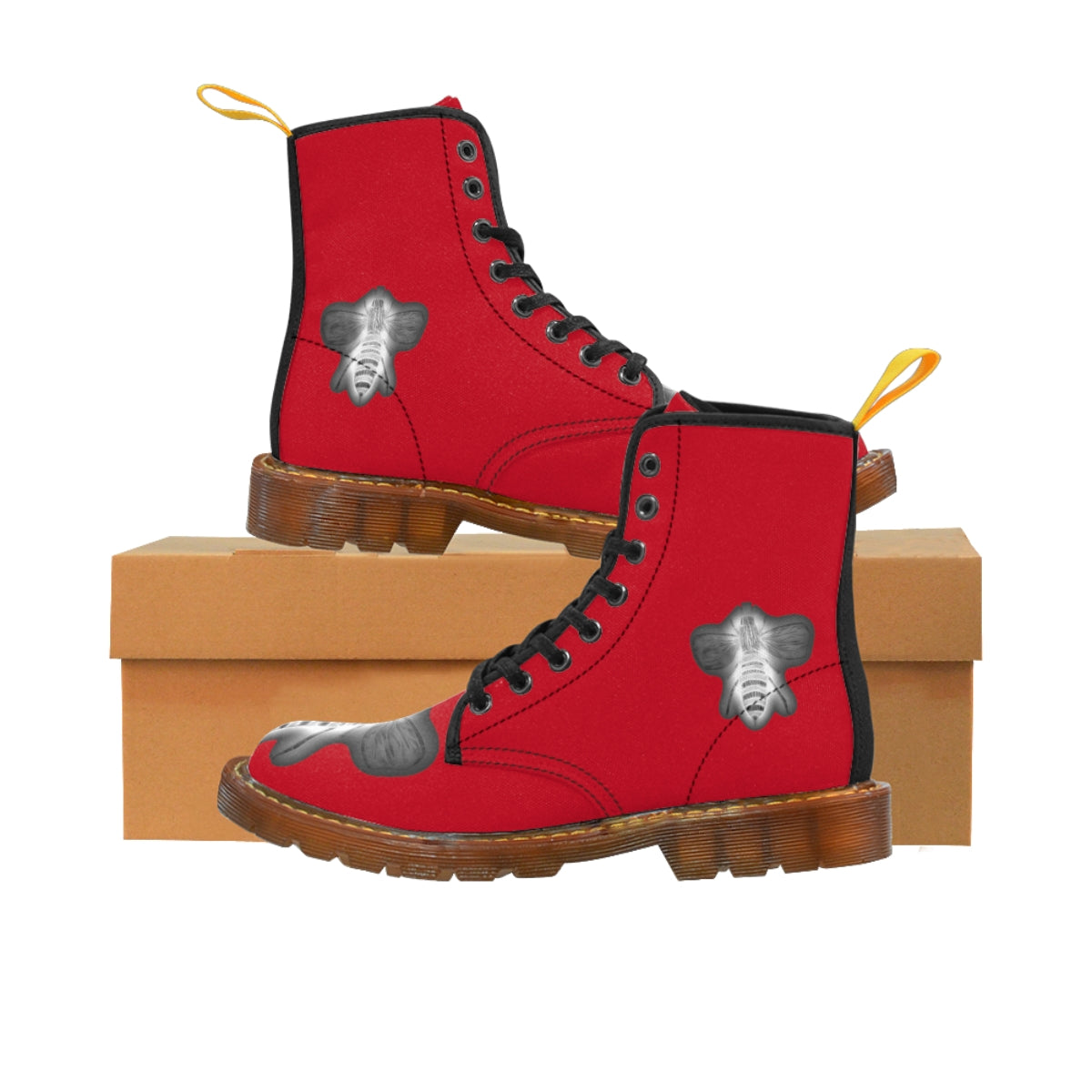 Negative Bee Women's Red Canvas Boots Brown Shoes Bee boots combat boots fun womens boots Negative Bee original art boots Shoes unique womens boots vegan boots vegan combat boots womens boots womens fashion boots womens red boots