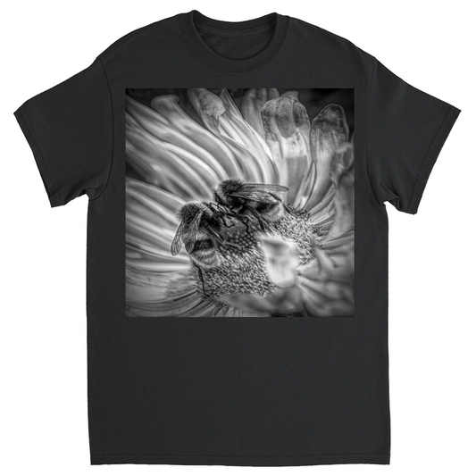 Black and White Bees on Flower Unisex Adult T-Shirt Black Shirts & Tops apparel