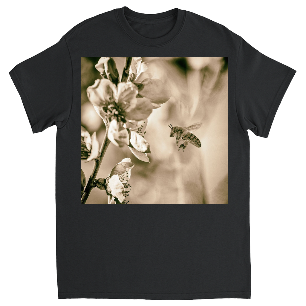 Sepia Bee with Flower Unisex Adult T-Shirt Black Shirts & Tops apparel