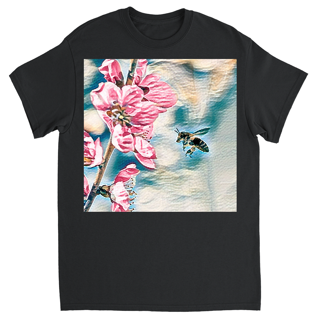 Pencil and Wash Bee with Flower Unisex Adult T-Shirt Black Shirts & Tops apparel