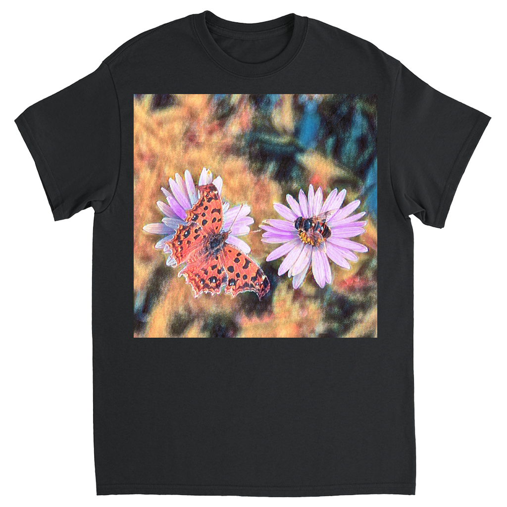 Vintage Butterfly & Bee on Purple Flower Unisex Adult T-Shirt Black Shirts & Tops apparel