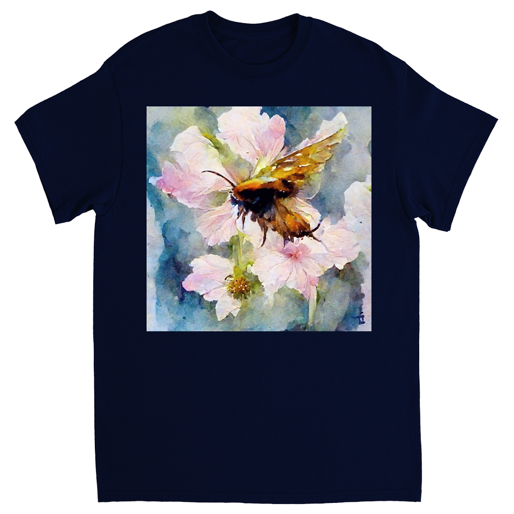 Watercolor Bee Landing on Flower Bee Unisex Adult T-Shirt Navy Blue Shirts & Tops apparel Watercolor Bee Landing on Flower