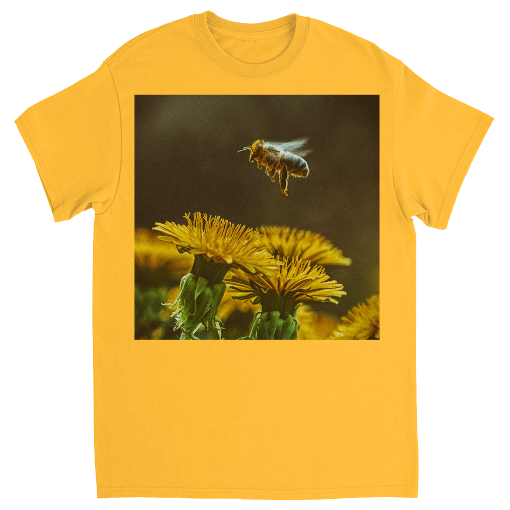 Golden Bee Hovering Over Flower Unisex Adult T-Shirt Gold Shirts & Tops