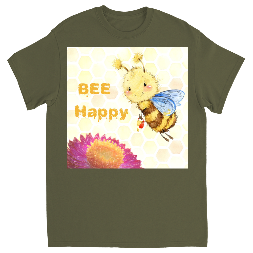 Pastel Bee Happy Unisex Adult T-Shirt Military Green Shirts & Tops apparel