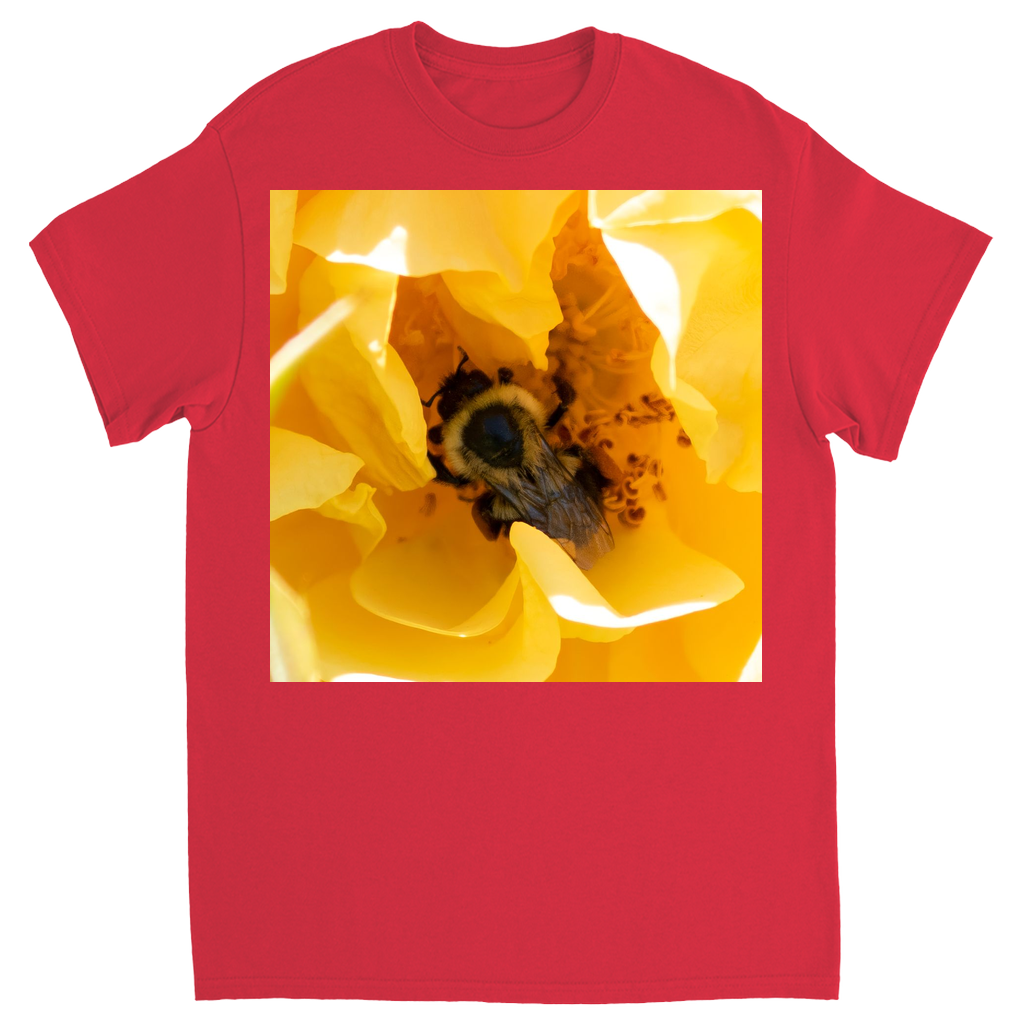 Bee in a Yellow Rose Unisex Adult T-Shirt Red Shirts & Tops apparel