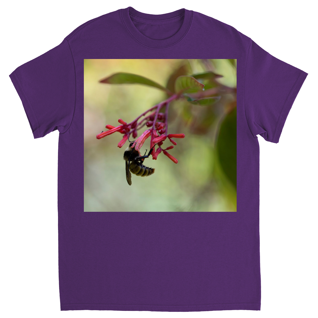 Bee Hanging on Red Flowers Unisex Adult T-Shirt Purple Shirts & Tops apparel Bee Hanging on Red Flowers