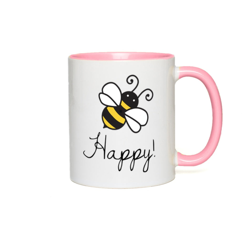 Bee Happy Accent Mug 11 oz White with Pink Accents Coffee & Tea Cups gifts