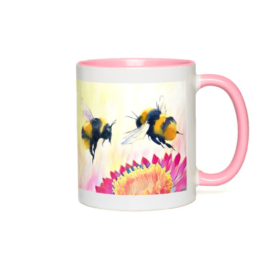 Cheerful Bees Accent Mug 11 oz White with Pink Accents Coffee & Tea Cups gifts