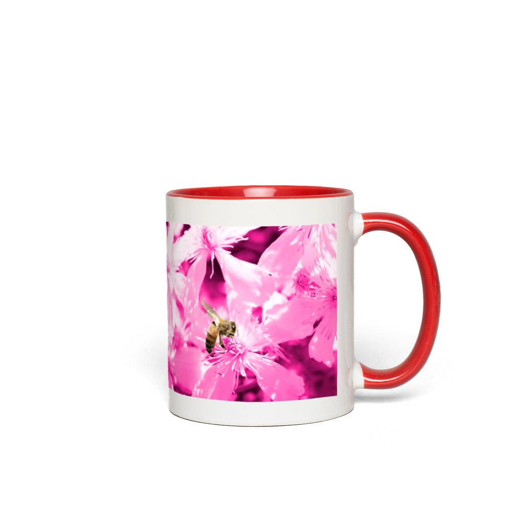Bee with Glowing Pink Flowers Accent Mug 11 oz White with Red Accents Coffee & Tea Cups gifts