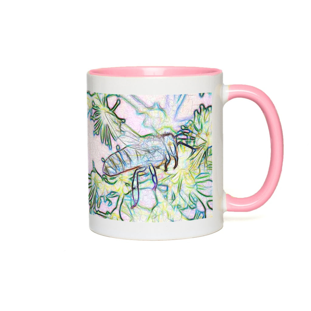 Outline of Bee and Flowers Accent Mug 11 oz White with Pink Accents Coffee & Tea Cups gifts