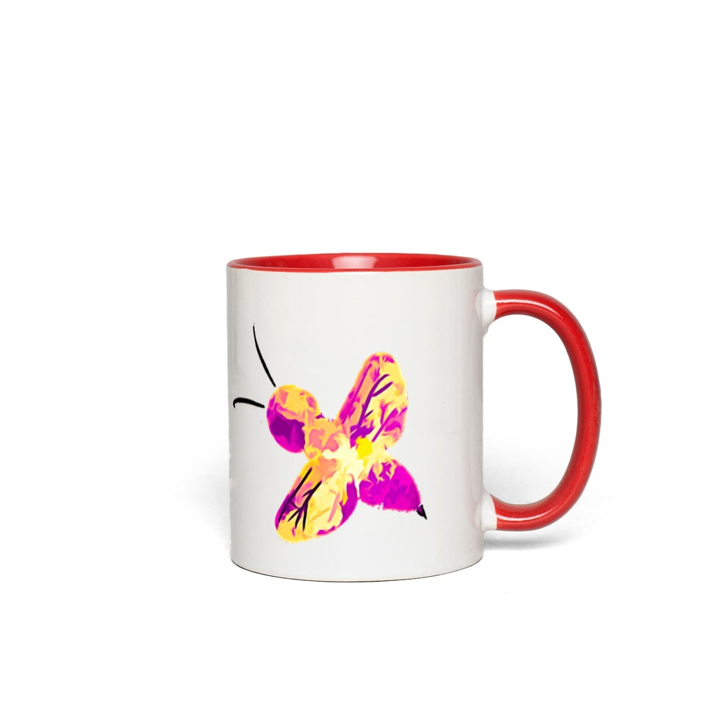 Abstract Pink and Yellow Bee Accent Mug 11 oz White with Red Accents Coffee & Tea Cups gifts